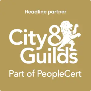 Headline partner City & Guilds logo with a lion, 'Part of PeopleCert' on a gold background