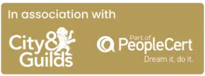 Gold partnership badge: 'In association with City & Guilds' and PeopleCert logos with the slogan 'Dream it, do it.'