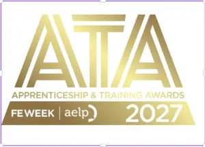 Gold gradient logo for the Apprenticeship & Training Awards, FE WEEK | aelp 2027.