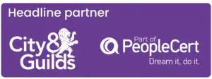 Purple banner showing 'Headline partner' with City & Guilds logo on the left and PeopleCert logo on the right (Part of PeopleCert, 'Dream it, do it').
