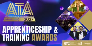 Promotional banner for the Apprenticeship & Training Awards 2027, with bold white/gold text and a diamond photo collage of the event scenes.