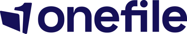 Onefile logo: dark blue wordmark with an abstract left-side folder/icon.