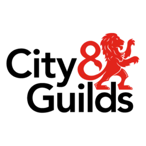 Abstract black-and-red silhouette logo with interlocking shapes across a white background