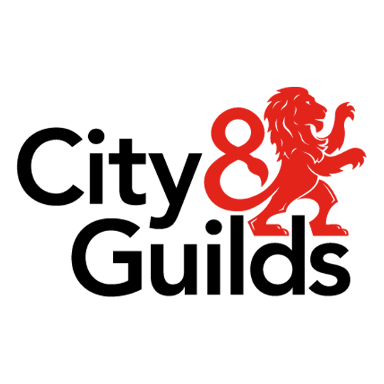 Abstract black-and-red silhouette logo with interlocking shapes across a white background